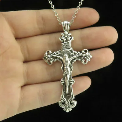 Large JESUS CRUCIFIX CROSS Pendant 20  Sterling Silver 925 Necklace Chain Men • $19.88