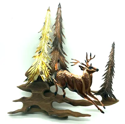 Vintage Brass Copper Deer Sculpture Trees Wood Metal Wall Art Table Top • $24.99