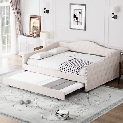 Modern Full Size Wood Day Bed W/ Trundle Upholstered Button Tufted Nailhead Bed • $366.89