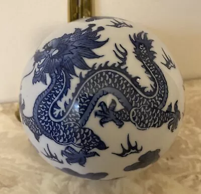 $21.99 • Buy Vintage Chinese Dragon Blue And White Ceramic Ball Porcelain Sphere 4” Diameter