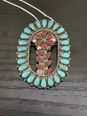 Vintage Zuni Old Pawn Dead Pawn Turquoise Coral  Petite Point Pendant Brooch • $139.99