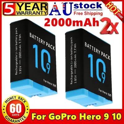 $45.99 • Buy 2x 2000mAh Rechargeable Battery For GoPro Hero 9 Hero10 Camera Accessories Black