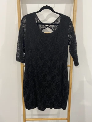 $15 • Buy Black Lace Knee Length Dress With 3/4 Lace Sleeves ASOS Brand Size 20