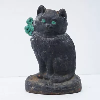 Vintage Cast Iron Sitting Cat Doorstop Black With Green Ribbon And Eyes - Marked • $38.80