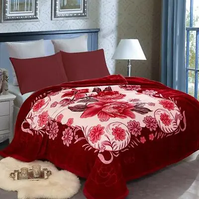 Burgundy Floral Korean Mink Fleece Plush Blankets 9lbs 2 Ply Reversible Sheet • $67.99