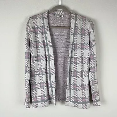 Vintage St.John Neiman Marcus Cardigan Sweater Womens Medium Gray Pink Knit FLAW • $24.88