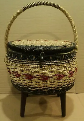 $40 • Buy Vintage Round Woven Wicker Sewing Basket With Tray And Wood Legs 