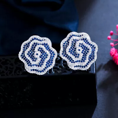 Silver Plated Micro Pave Blue Cubic Zirconia Big Flower Stud Earrings For Women • $9.92