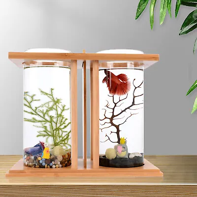 Glass Betta Fish Tank Desktop Decoration Bamboo Base Mini Aquarium Goldfish Tank • $22.01