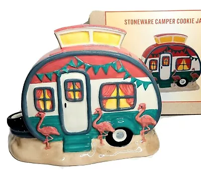 Camper Cookie Jar Flamingos Ceramic 9.5  New Festive Kitchen Stoneware Party  • $38.88