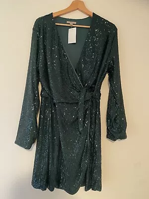 H&M Womans Dress Green Sequin Wrap Midi Dress Size LARGE New With Tag Stunning • $42.99