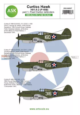 ASKD48027 1:48 ASK/Art Scale Decals - Curtiss Hawk H81-A-2 (P-40B Warhawk) Part • $22.59