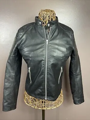H & M Black Faux Leather Motto Jacket Womens Small EUC  • $15.96