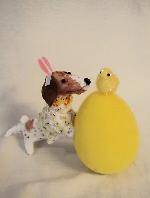 Felt Dachshund Red Piebald Sculpture Easter Bunny W/ Paws On Easter Egg & Chick • $25