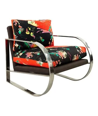 Milo Baughman Style Mid Century Chrome Upholstered Lounge Chair • $1747