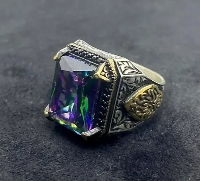 Mens Authentic Zircon Mystic Topaz 925 Sterling Silver Ring Fashion Handmade • $66.34