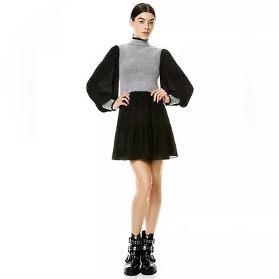 Alice + Olivia Elvira Smocked Mock Neck Ruffle Mini Dress Size 0 • $79.99