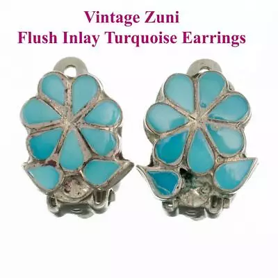 Vintage DISTHA ZUNI Turquoise Earrings 1940's Clips Petitpoint Flowers Old Pawn • $0.99