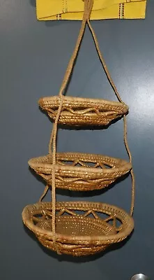 3 Tier Vintage Grass Wicker Hanging Fruit Basket Rattan Woven Baskets • $45