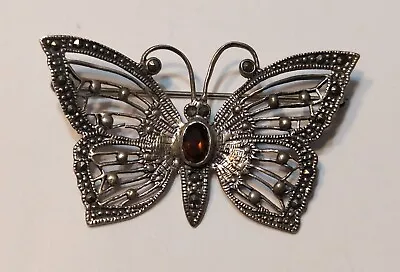 Vintage Sterling Marcasite Garnet Butterfly Pin Brooch • $19.99