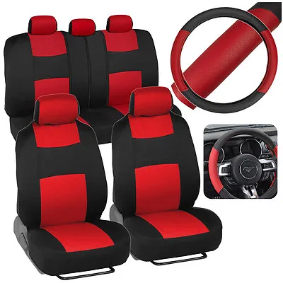 $38.88 • Buy Red Black Car Seat Covers W/ Split Bench & 2 Tone Steering Wheel Cover