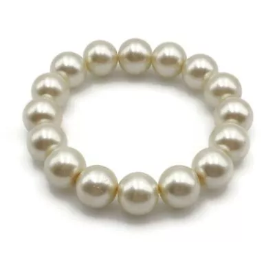 Vintage Cream Glass Faux Pearl 12mm Bead Stretch Fashion Bracelet 6 Inch • $18