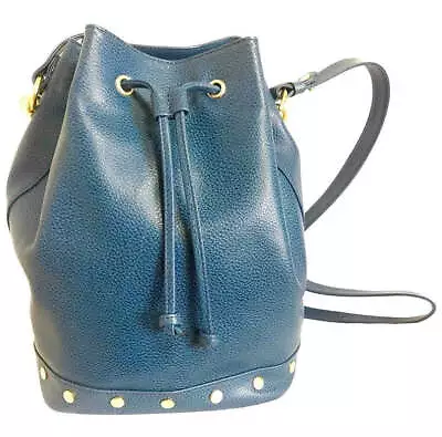 LANVIN Vintage Blue Grained Leather Hobo Bucket Shoulder Bag With Golden Logo Mo • $480.56