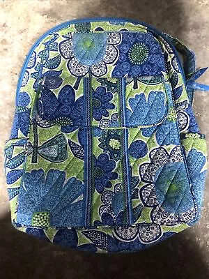 Vera Bradley Quilt Backpack Blue Doodle Daisy Side Slide Ins EC Zip Floral 13x11 • $19