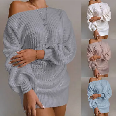 WomenS Off Shoulder Chunky Sweater Dress Ladies Baggy Long Sleeve Jumper Top • £17.33