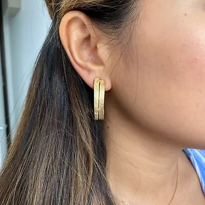 Vintage 18k Gold Brushed Wide Hoop Huggies Earrings • $1150