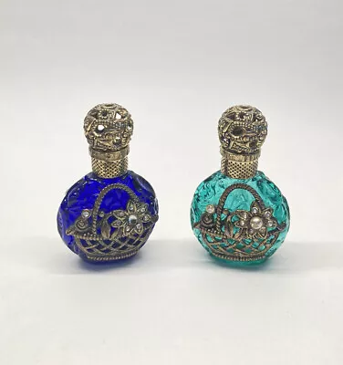 Vintage Czech Glass Miniature Perfume Bottles Green Blue Rhinestone Floral Baske • $55