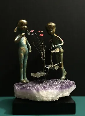 VTG MCM Malcolm Moran Bronze Boy Girl Picking Flowers Quartz Rock Sculpture HTF • $229.99