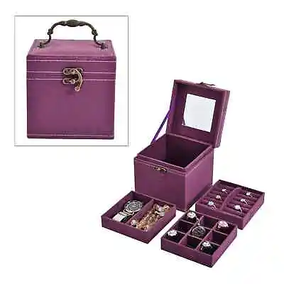 Purple Velvet Three Layer Jewelry Box With Mirror Handle Lock Anti Scratch Gifts • $36.49
