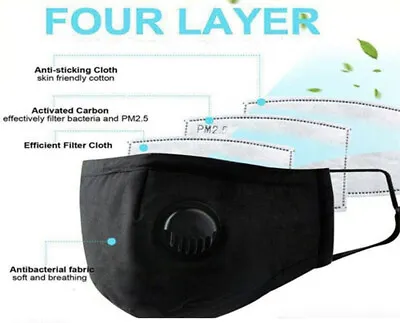 Face Mask Protective Dust Pollen Washable Reusable Black Adult PM 2.5 + Valve  • £3.44