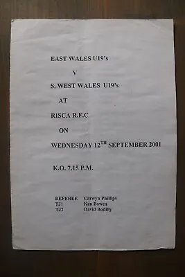 East Wales V South West Wales 2001 U19's Welsh Rugby Union Risca RFC • £3.99