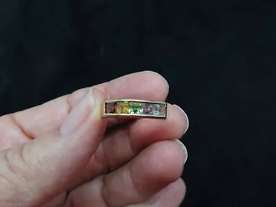 Vintage Sterling W/Gold Wash Natural Rainbow Stone Baguette Stone Ring SZ 7 • £34.74