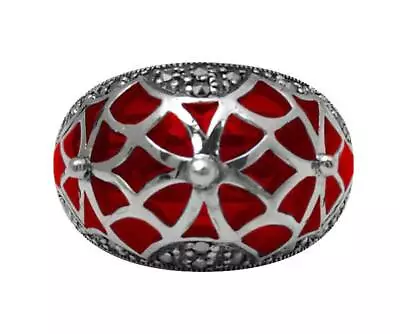 Ring With Red Enamel & Marcasite 925 Sterling Silver Hallmarked By • £127.20