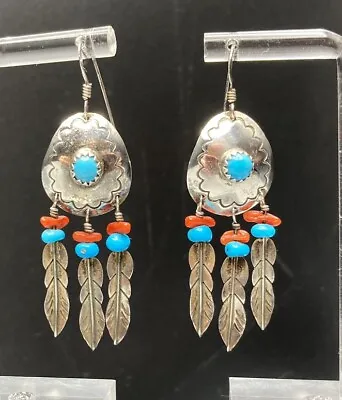 Turquoise Coral Native American VTG Concho Feather Earrings Stamp “Sterling TB” • $48