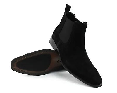 Genuine Suede Black Mens Dress Chelsea Boots Almond Toe Leather Lining AZAR MAN • $69