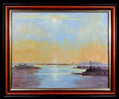 Original Art Oil Painting Of A Moonlit Harbour C1970s • £34.99