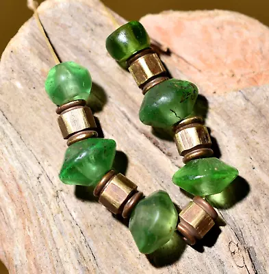 Antique Czech Green Glass European Vaseline Trade Beads W African Metal Spacers • $23.76