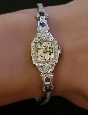 Vintage Hamilton Ladies Cocktail Watch Diamonds 14K White Gold 17 Jewels • $1000