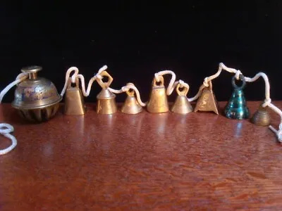 Vintage Lot Of 9 Small BRASS Etched Bells INDIA Rope CLAW Silent Night SKOAL • $28