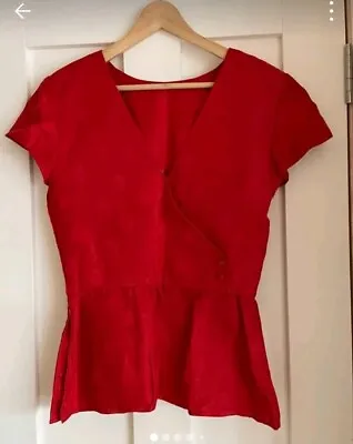 VINTAGE Rare Valentino Red Woven Smart Top Size 8 Deisgner V Neck Peplem Style  • £20