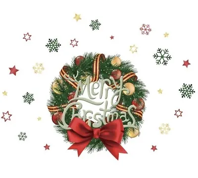 NEW 20” X 16” Merry Christmas Wreath W/Snowflakes Door / Wall Sticker Decal Set • $19.99