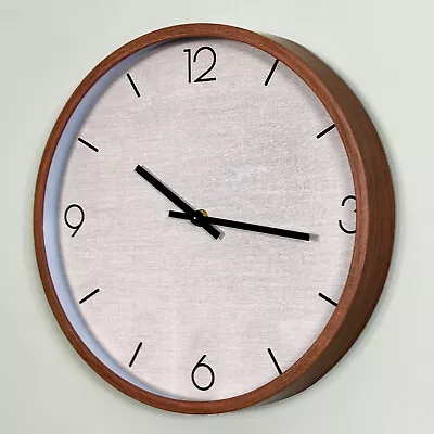 Round Wall Clock 30cm Fabric & Wood Look Plastic Battery Analogue Kitchen Decor • £14