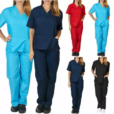 Women Medical Scrub Doctor Uniform Workwear Nurse Dentist Hospital Pants Top Set • £17.19