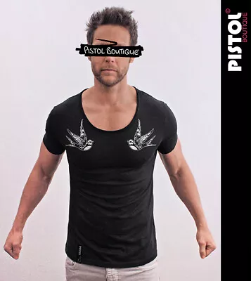 £26.99 • Buy Pistol Boutique Men's Fitted Black Round Scoop Neck SWALLOW TATTOO BIRDS T-shirt