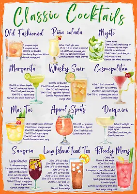 Bar Signs Cocktail Drinks Home Retro Wall Kitchen Poster Recipe A4 A3 A2 • £2.99