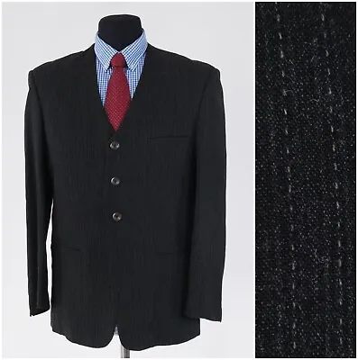 Mens Collarless Blazer 40S UK Size MAN COLLECTION Striped Wool Sport Coat Jacket • £71.99